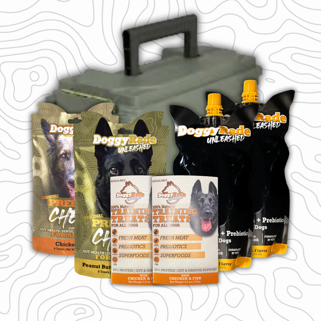 [SURVIVAL AMMO CAN BUNDLE] DoggyRade Unleashed Hydration + Prebiotic Sport Drink, Chews and Training Treats